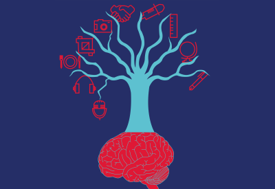 Baum mit dem Hirn als Wurzel und Äste mit verschiedenen Piktogrammen wie Fotoapparat, Hände, Spritze, Massstab, Globus, Füllfederhalter