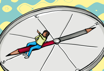 Frau sitzt auf der Nadel eines Kompasses