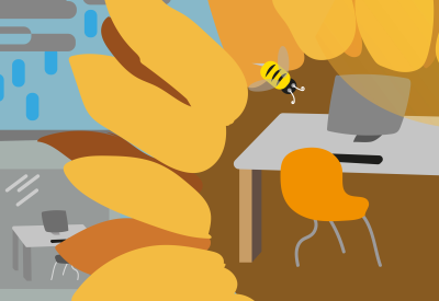 Schreibtisch mit Sonnenblume und Biene