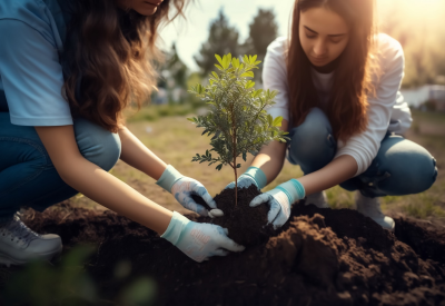 Zwei junge Frauen pflanzen jungen Baum in Erde - Thema Naturschutz, Nachhaltigkeit und Rohstoffe, Klimawandel - Generative AI Illustration