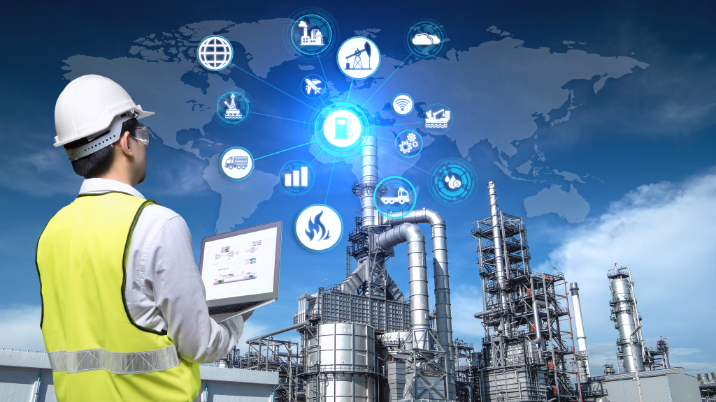 Industry 4.0 of oil and gas refining process of refinery plant, Double exposure of engineer working, Industrial energy system network icons concept