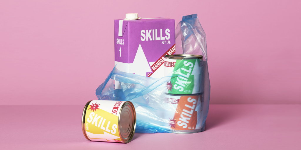 Einkaufstüte mit Dosen und Tetrapack mit der Aufschrift Skills