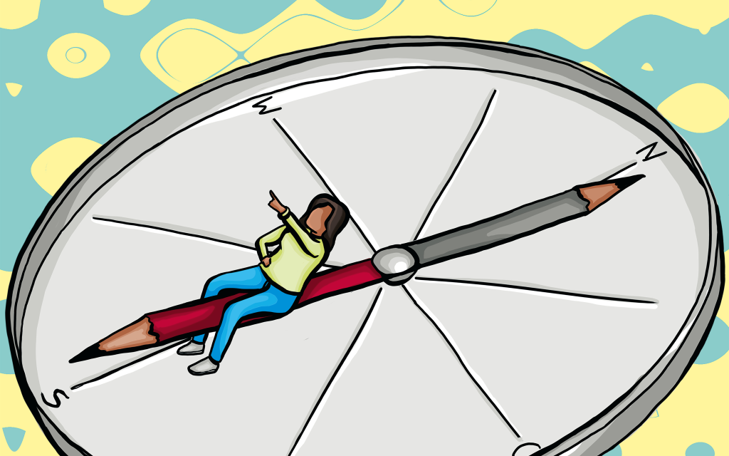 Frau sitzt auf der Nadel eines Kompasses