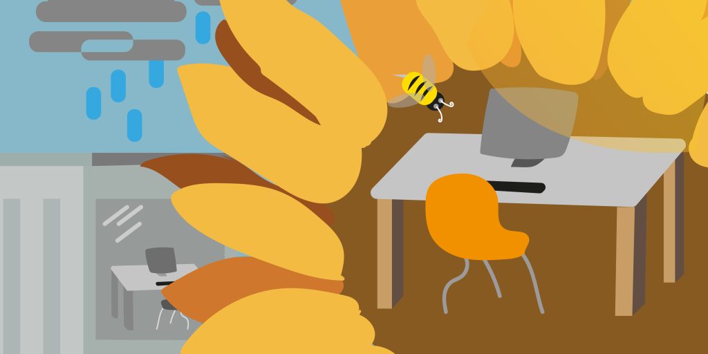 Schreibtisch mit Sonnenblume und Biene