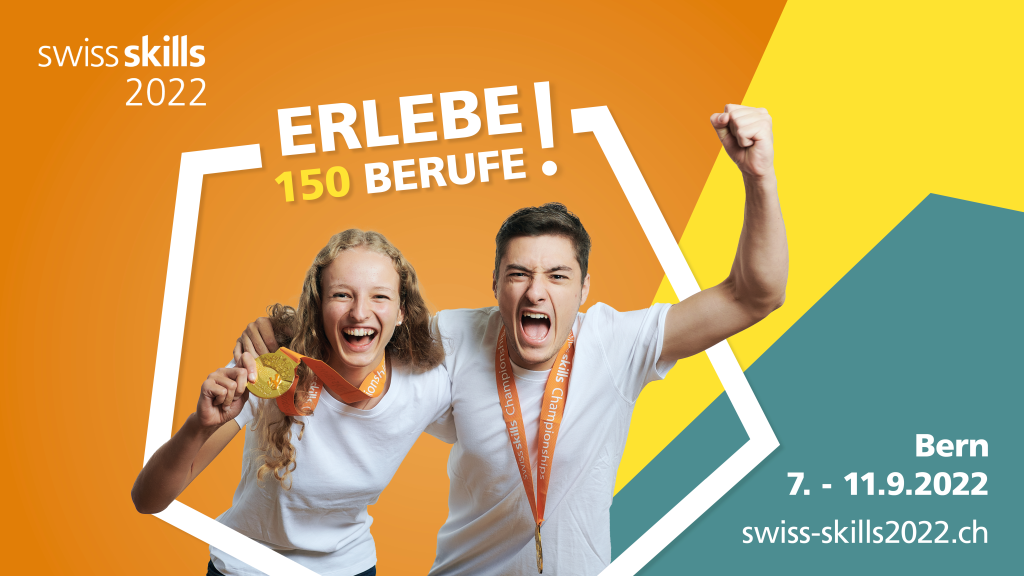 Das Bild zeigt das Visual der SwissSkills 2022, abgebildet sind zwei Jugendliche, die sich über ihren Medaillen-Gewinn an den SwissSkills-Championships freuen.