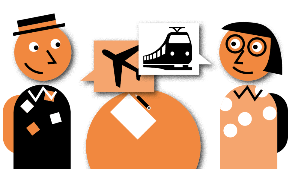 zwei Illustrierte Figuren welche um eine Welt herum stehen und zwei Sprechblasen mit einem Flugzeug und einem Zug.