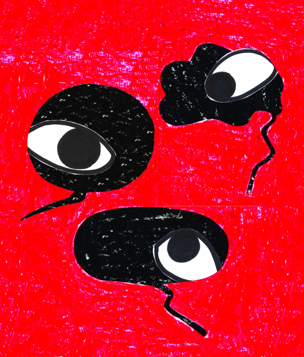 Eine Illustration von Tania Perez, welche drei Augen in Sprechblasen darstellt.