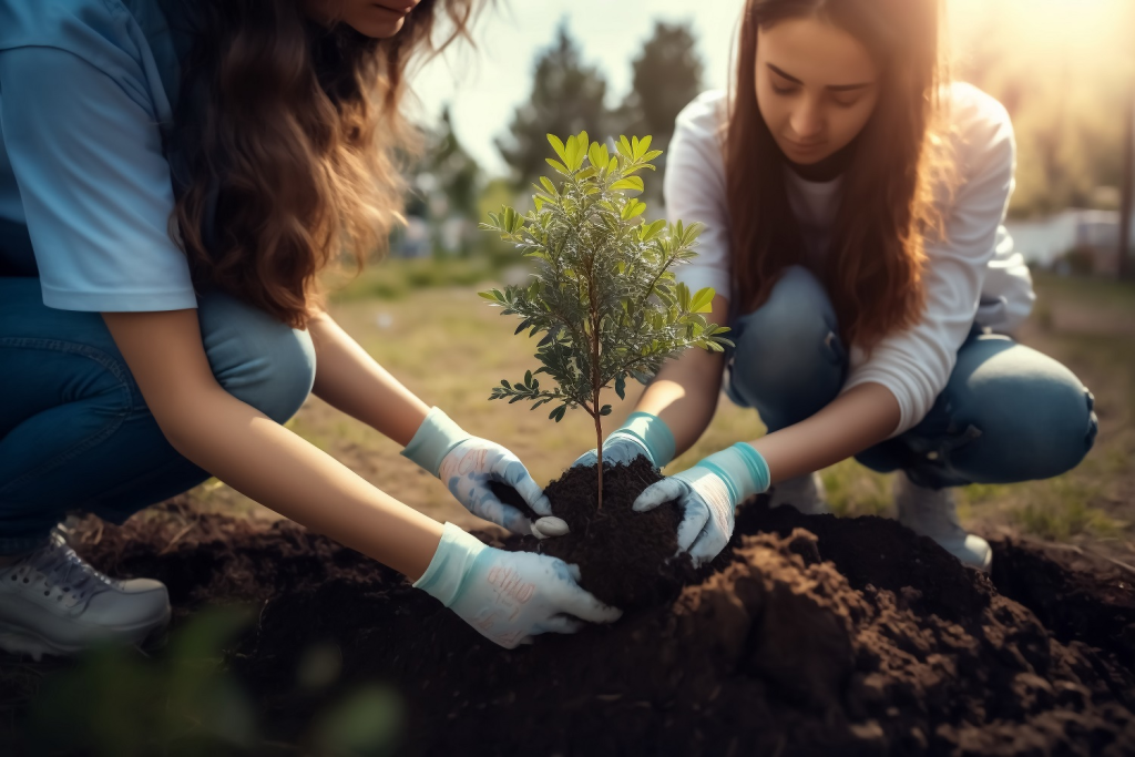 Zwei junge Frauen pflanzen jungen Baum in Erde - Thema Naturschutz, Nachhaltigkeit und Rohstoffe, Klimawandel - Generative AI Illustration